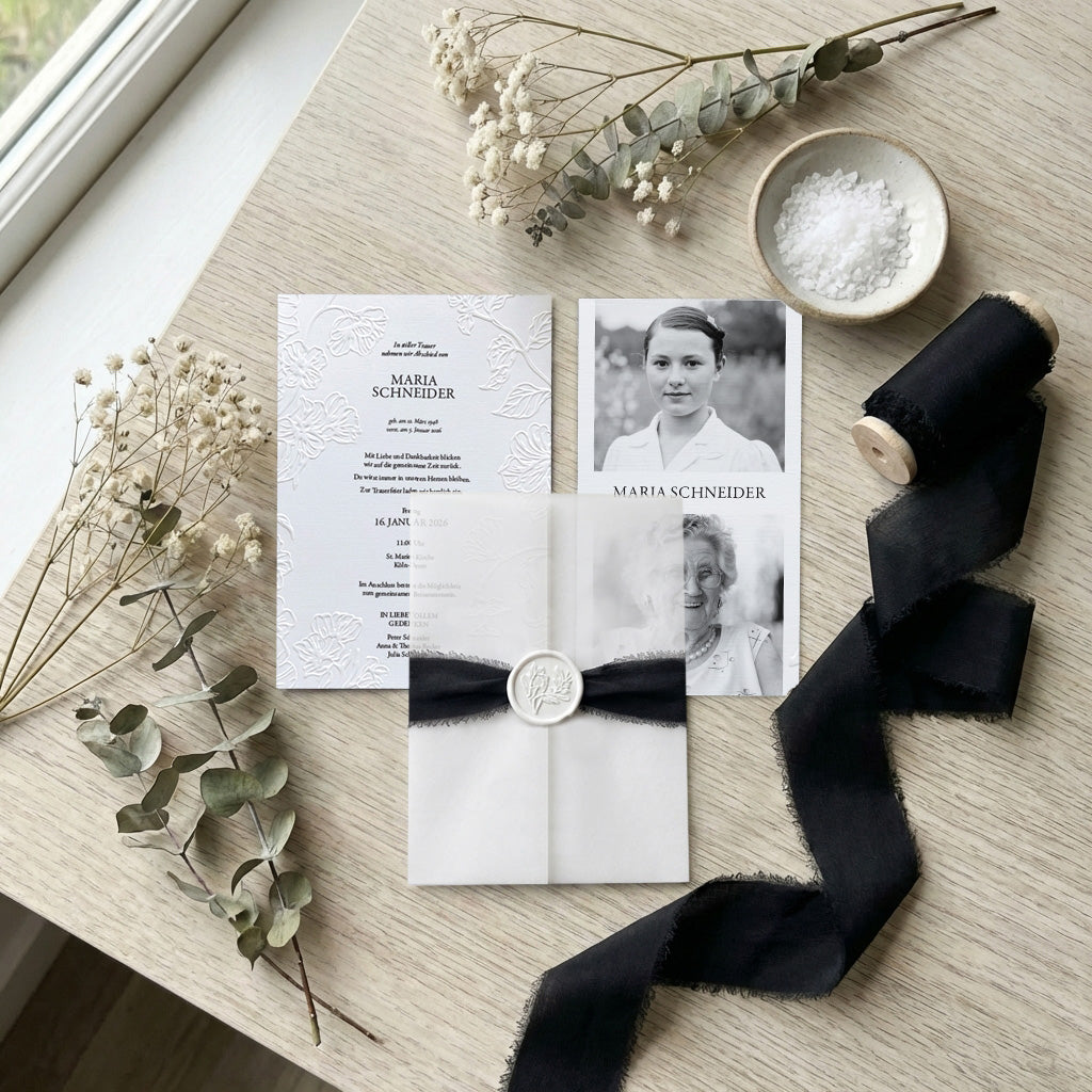 Trauereinladung "Eternity" - Set mit Schleife
