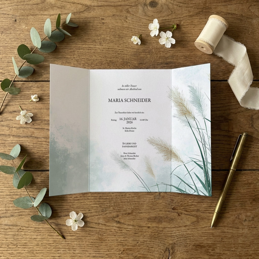 Trauereinladung "In Rememberance" | Altarfalzkarte mit Schleife