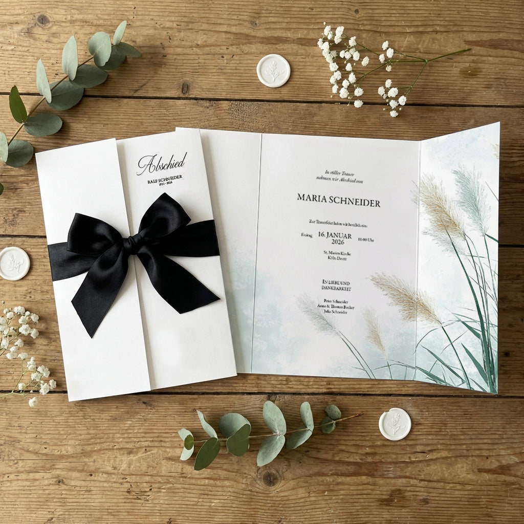Trauereinladung "In Rememberance" | Altarfalzkarte mit Schleife
