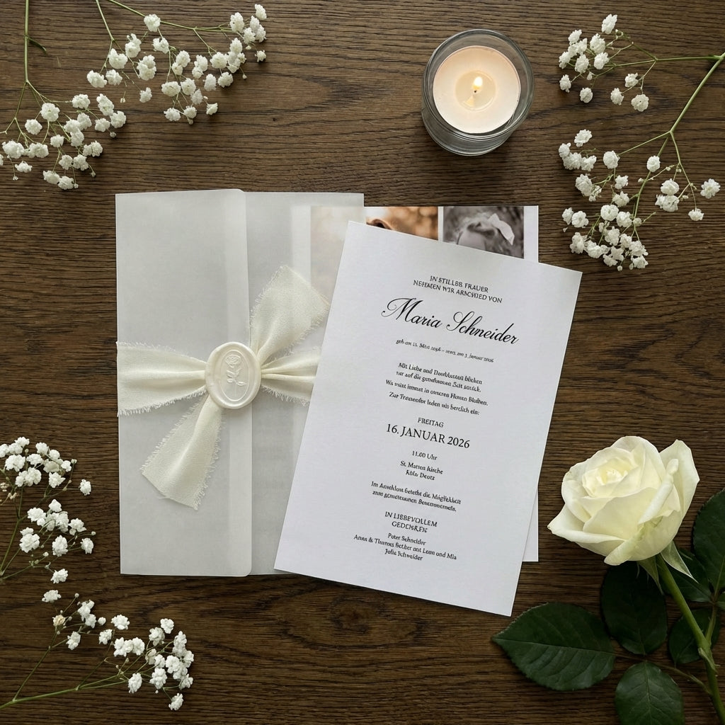 Trauereinladung "Soft Whisper" - Set mit Schleife und Wachssiegel