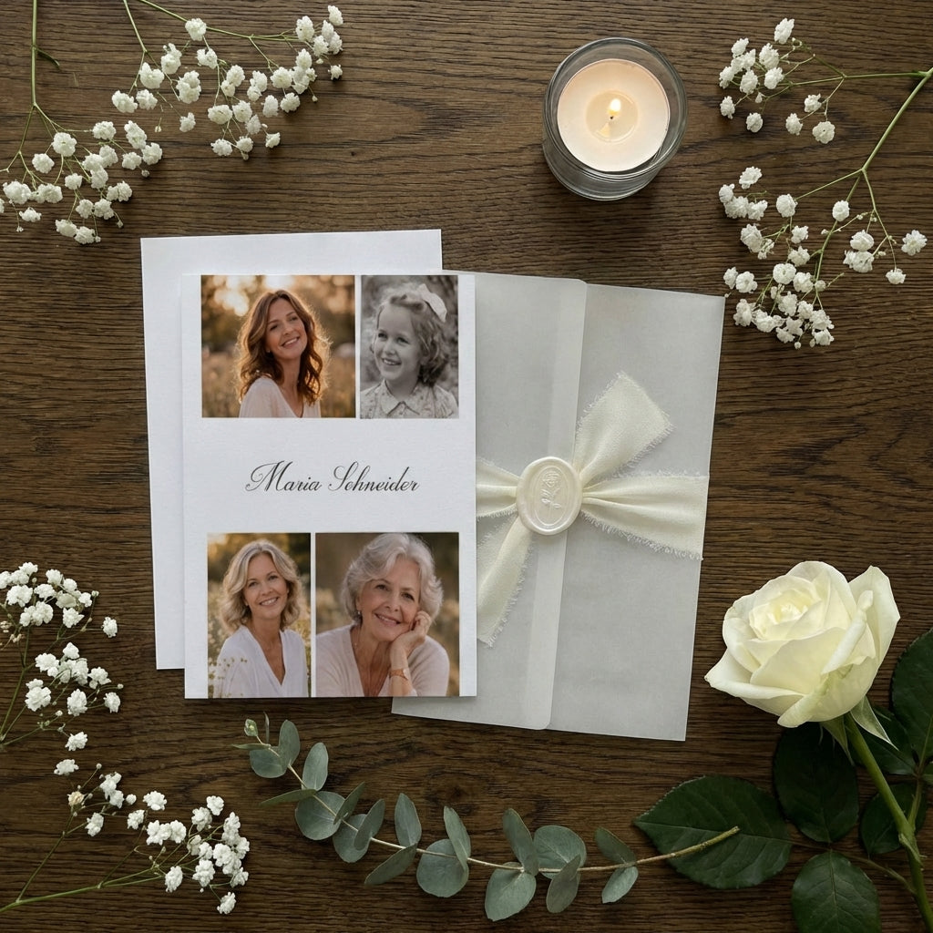 Trauereinladung "Soft Whisper" - Set mit Schleife und Wachssiegel