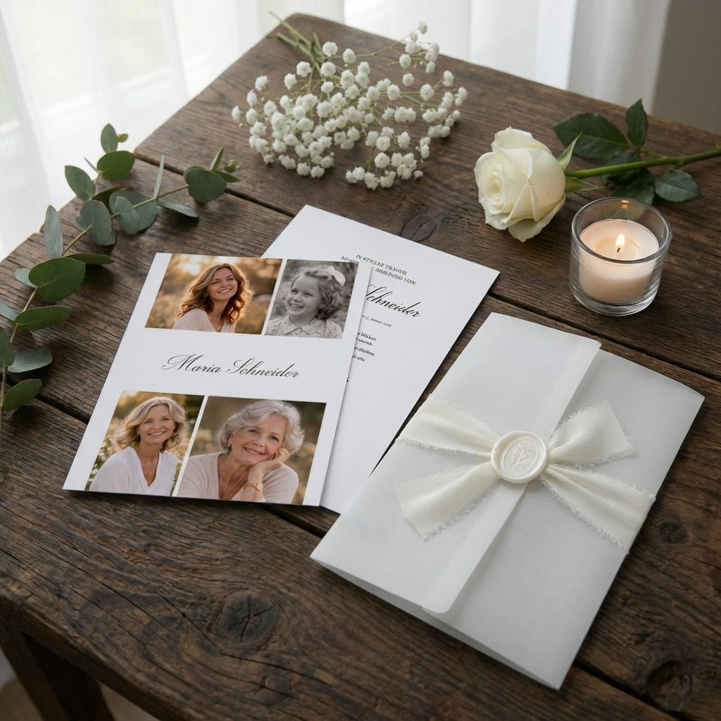 Trauereinladung "Soft Whisper" - Set mit Schleife und Wachssiegel