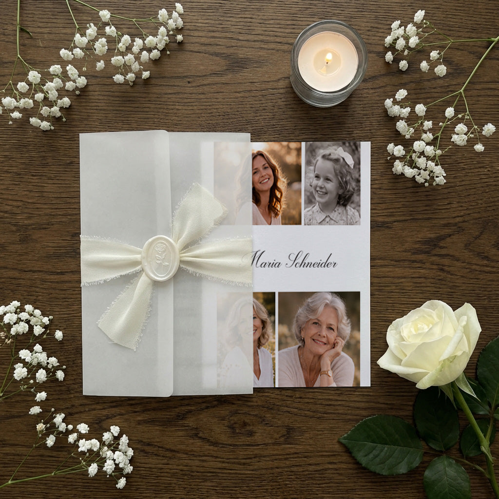 Trauereinladung "Soft Whisper" - Set mit Schleife und Wachssiegel