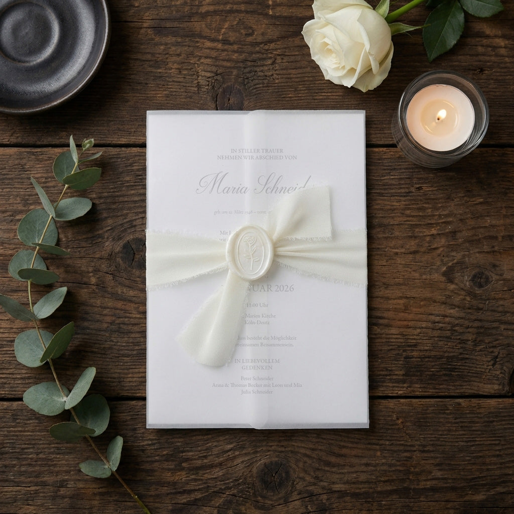 Trauereinladung "Soft Whisper" - Set mit Schleife und Wachssiegel